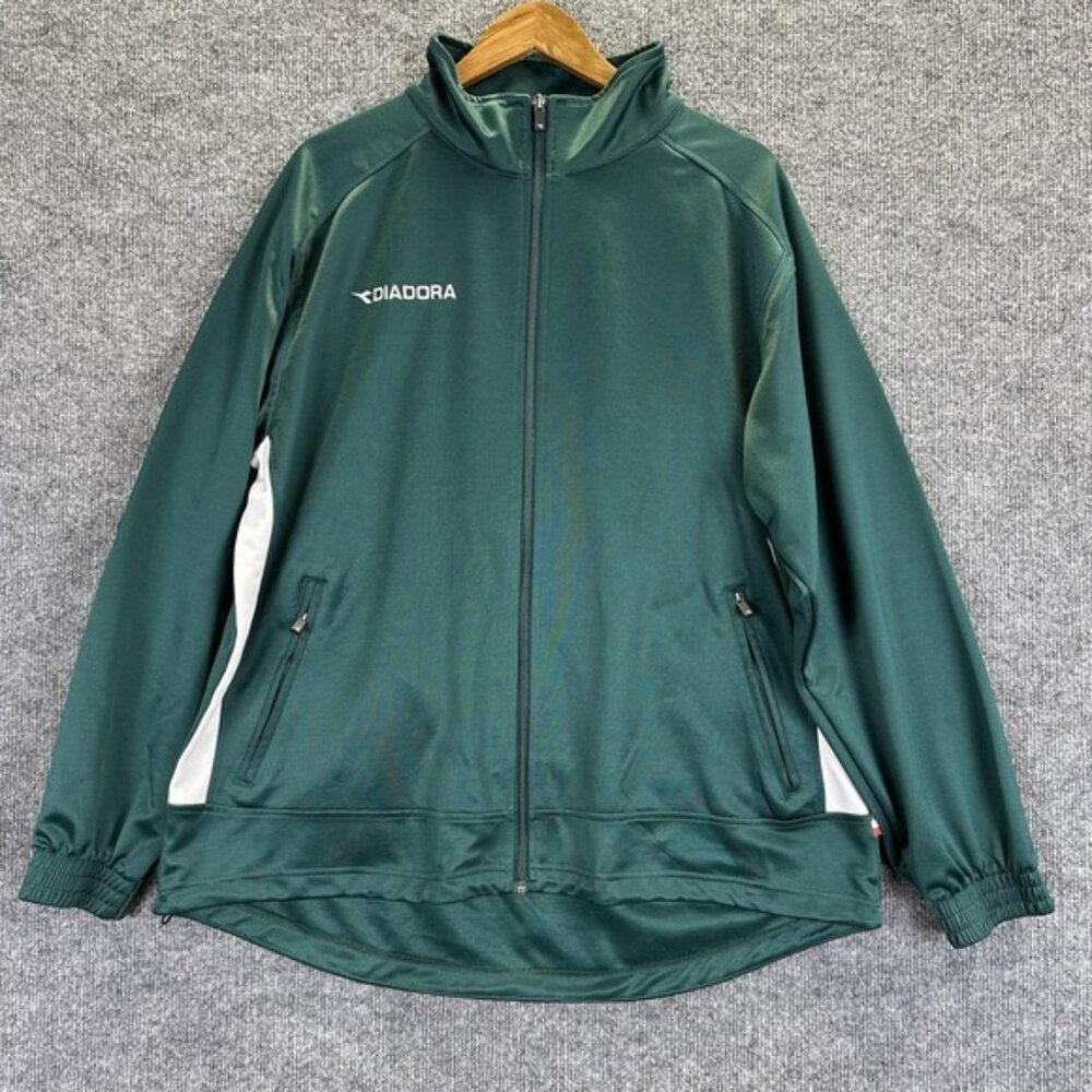 Vintage Diadora Jacket Mens Large Green Full Zip Track Athletic Polyester Warmup